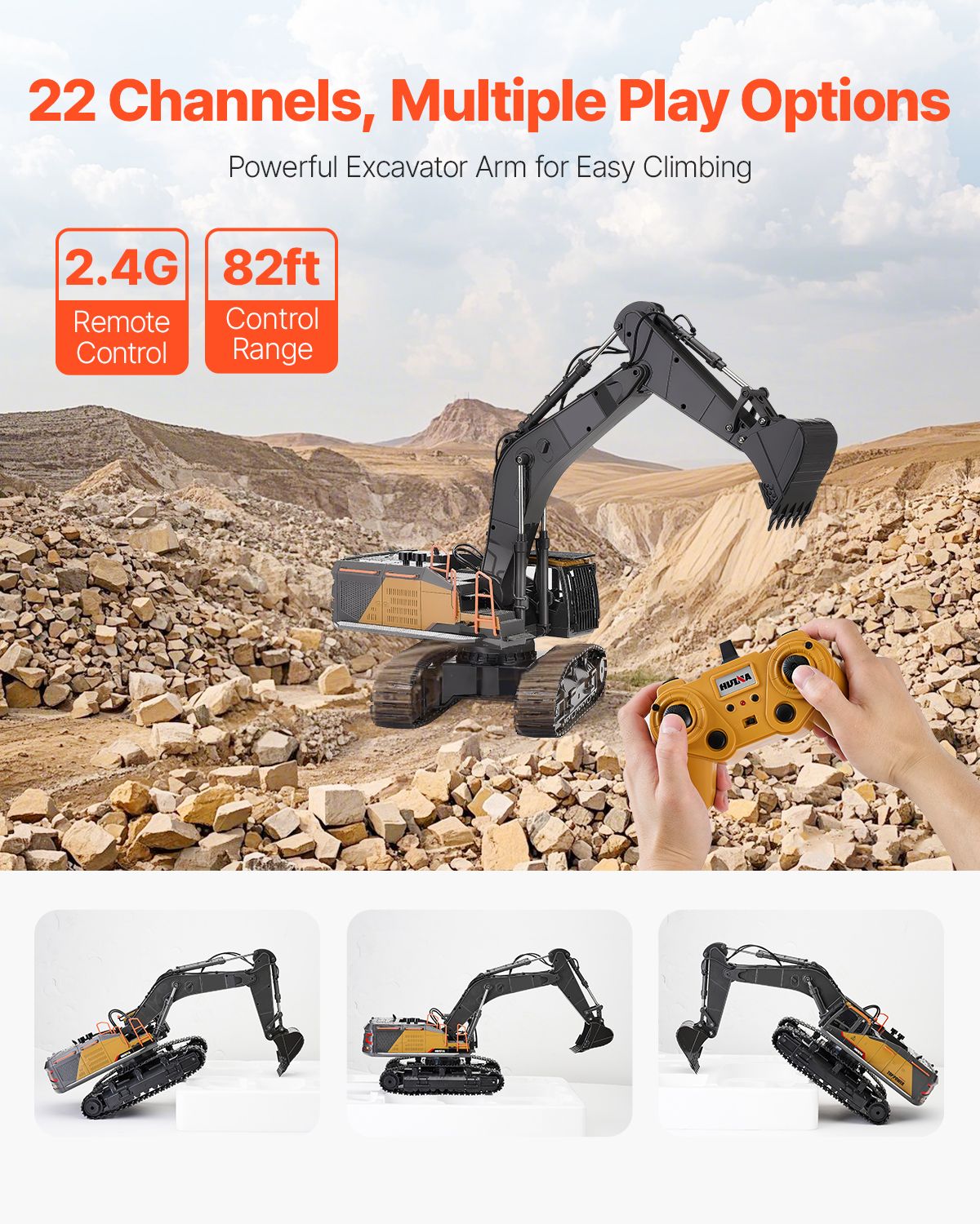 Remote Control Excavator Toy, 22 Channel, 1:14 Scale Remote Control Digger with Metal Shovel, RC Excavator with Lights & Sounds, Full Functional Construction Vehicles for Kids, Birthday Present