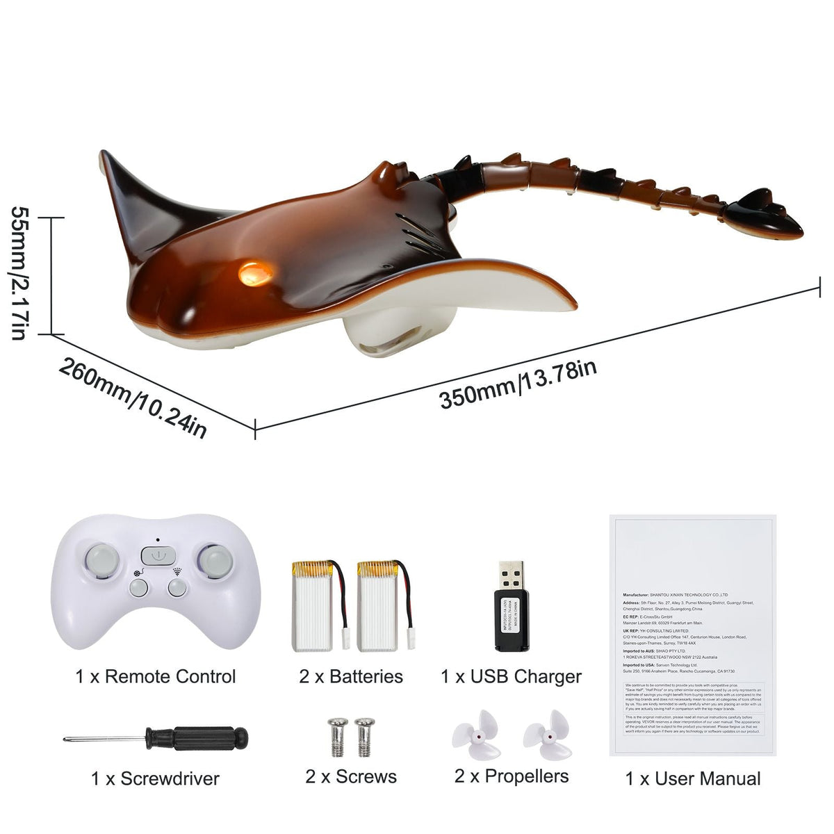 Remote Control Manta Ray Toy, 2.4GHz High Simulation Robot Manta Ray with Light, 2 Rechargeable Batteries, for Pool, Bathtub or Lake, Swimming RC Boat Toy for 6+ Year Old Boys and Girls Gift