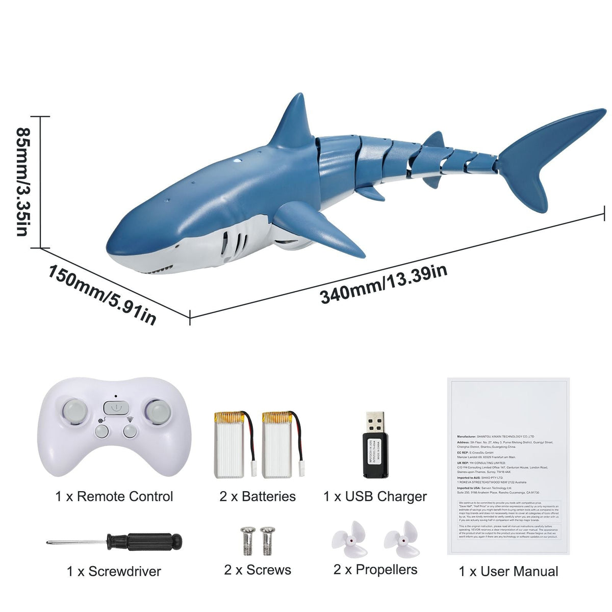 Remote Control Shark Toy, 2.4GHz High Simulation Shark RC Boat for Swimming Pool Bathroom, Electric RC Shark Fish Toy with 2 Batteries, Light & Spray Water Function for 6+ Year Old Boys & Girls