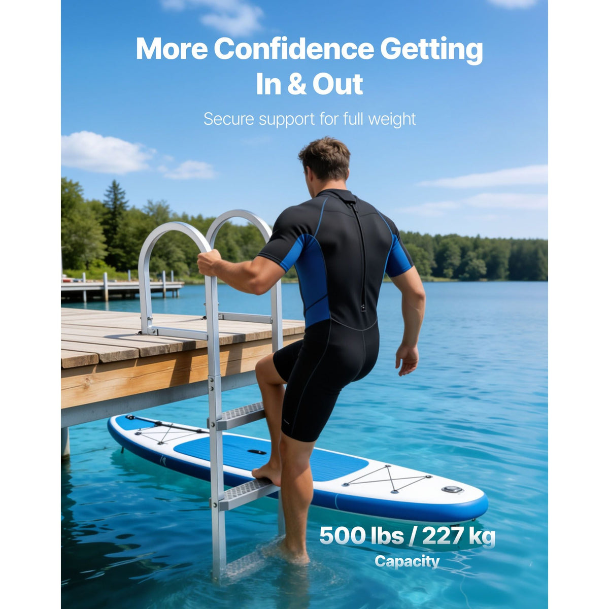 Removable Dock Ladder, 3 Steps, Aluminum Alloy Pontoon Boat Swim Ladder, with Non-Slip Wide PP Steps, 500 lbs Weight Capacity, Quick Release Design, for Lake Swimming, Pool, Marine Boarding
