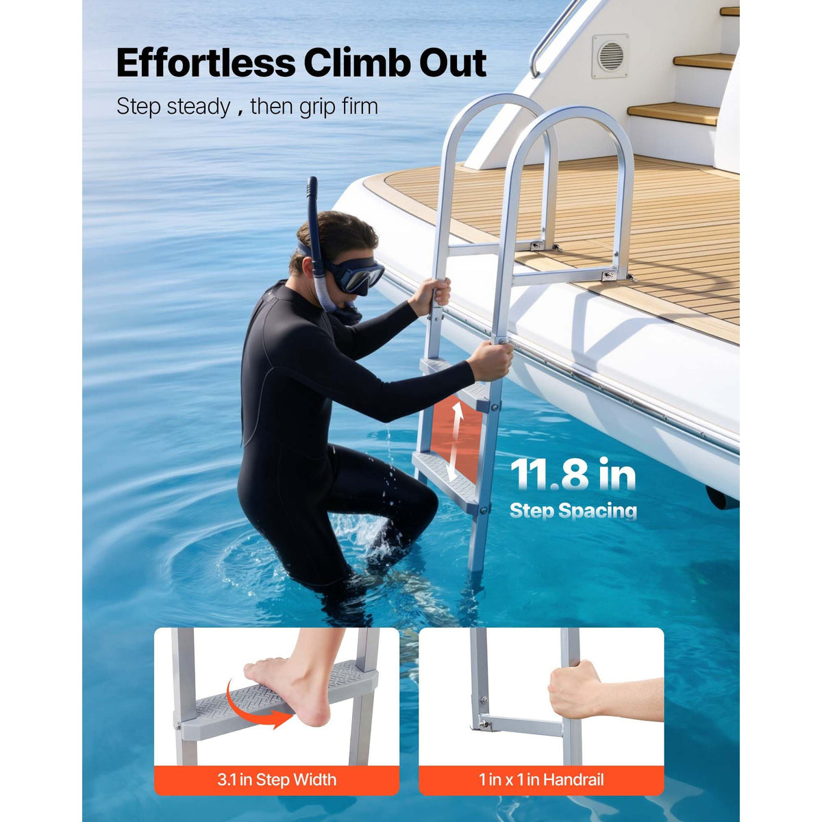 Removable Dock Ladder, 3 Steps, Aluminum Alloy Pontoon Boat Swim Ladder, with Non-Slip Wide PP Steps, 500 lbs Weight Capacity, Quick Release Design, for Lake Swimming, Pool, Marine Boarding