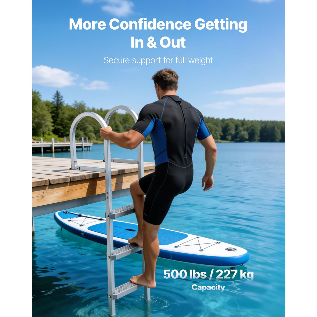 Removable Dock Ladder, 4 Steps, Aluminum Alloy Pontoon Boat Swim Ladder, with Non-Slip Wide PP Steps, 500 lbs Weight Capacity, Quick Release Design, for Lake Swimming, Pool, Marine Boarding