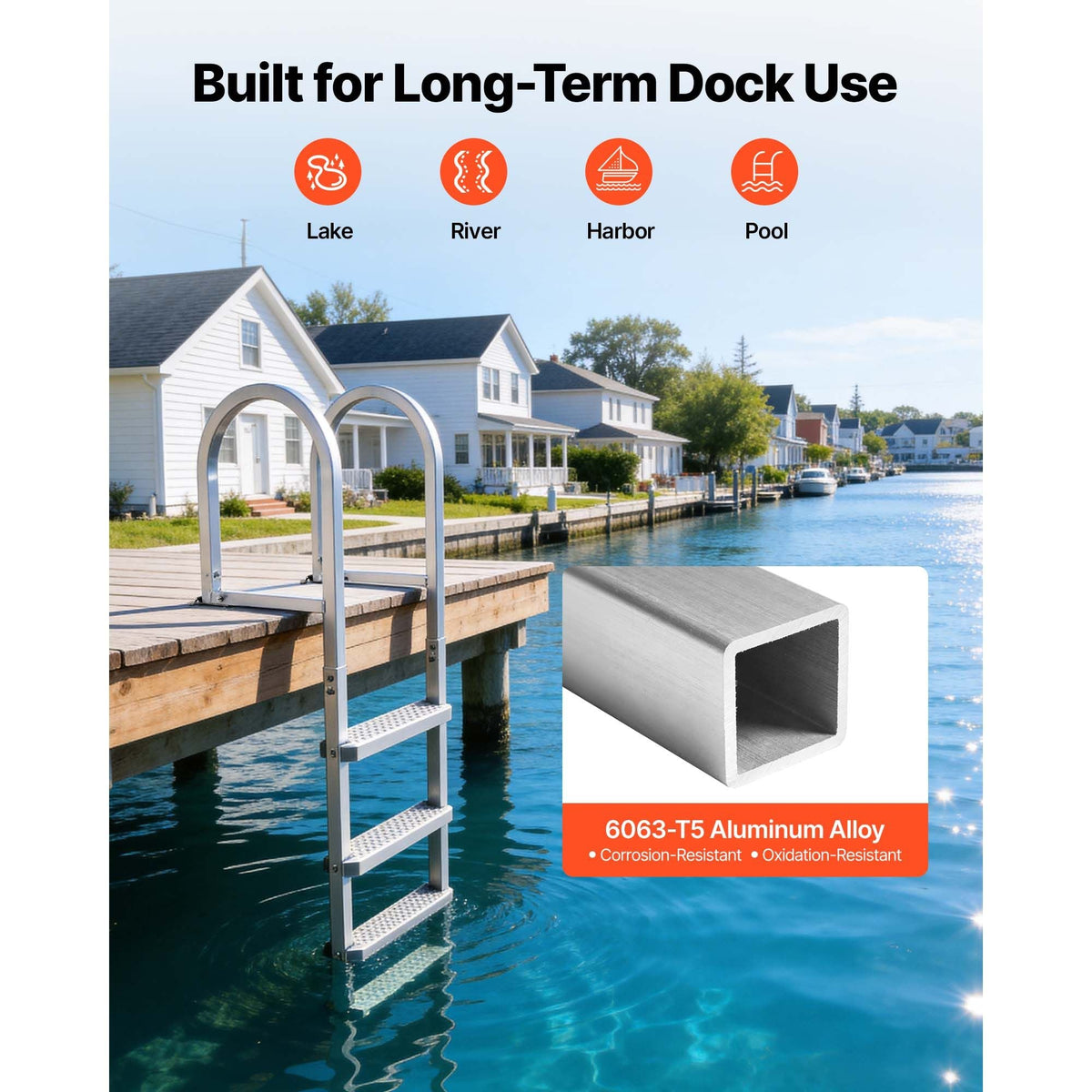 Removable Dock Ladder, 4 Steps, Aluminum Alloy Pontoon Boat Swim Ladder, with Non-Slip Wide PP Steps, 500 lbs Weight Capacity, Quick Release Design, for Lake Swimming, Pool, Marine Boarding