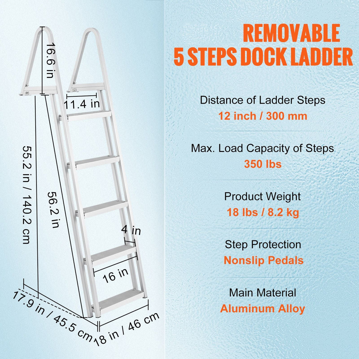 Removable Dock Ladder 5 Steps, 350 lbs Load Capacity, Pontoon Boat Ladder with 4'' Wide Step & Nonslip Design for Ship/Lake/Pool/Marine Boarding