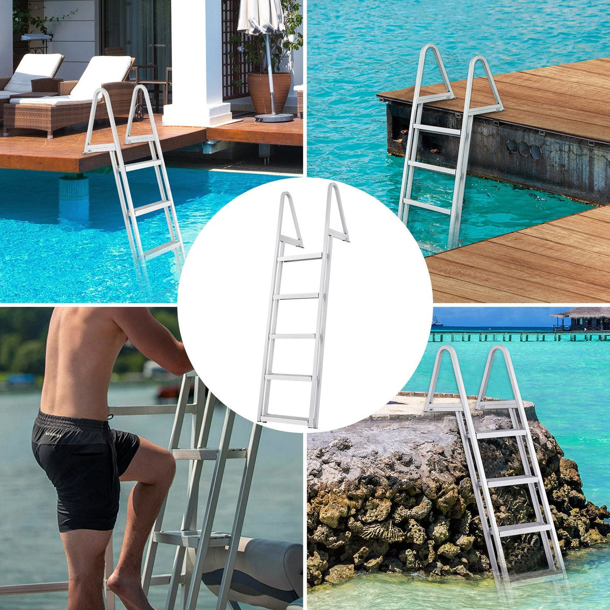 Removable Dock Ladder 5 Steps, 350 lbs Load Capacity, Pontoon Boat Ladder with 4'' Wide Step & Nonslip Design for Ship/Lake/Pool/Marine Boarding