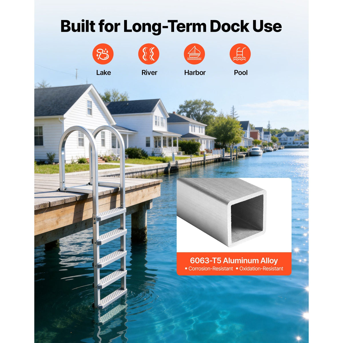 Removable Dock Ladder, 5 Steps, Aluminum Alloy Pontoon Boat Swim Ladder, with Non-Slip Wide PP Steps, 500 lbs Weight Capacity, Quick Release Design, for Lake Swimming, Pool, Marine Boarding