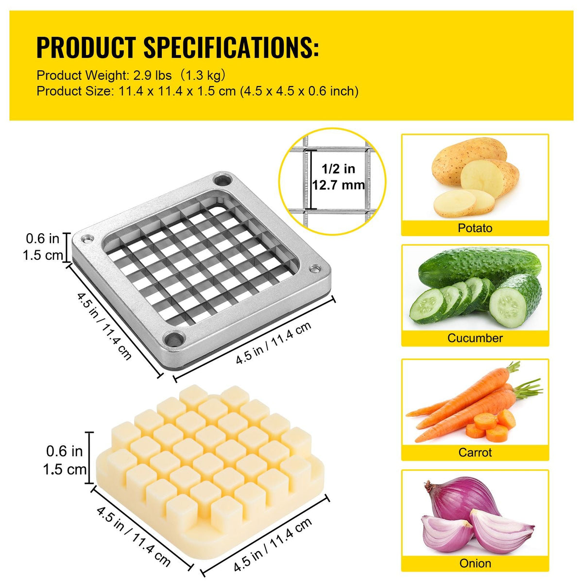 Replacement Chopper Blade, 1/2 inch, 3 PCS French Fry Blade Assembly with 6 Extra Knives, Stainless Steel Dicer Parts and Push Block for Cutting Potatoes Carrots Onions Cucumbers Mushrooms