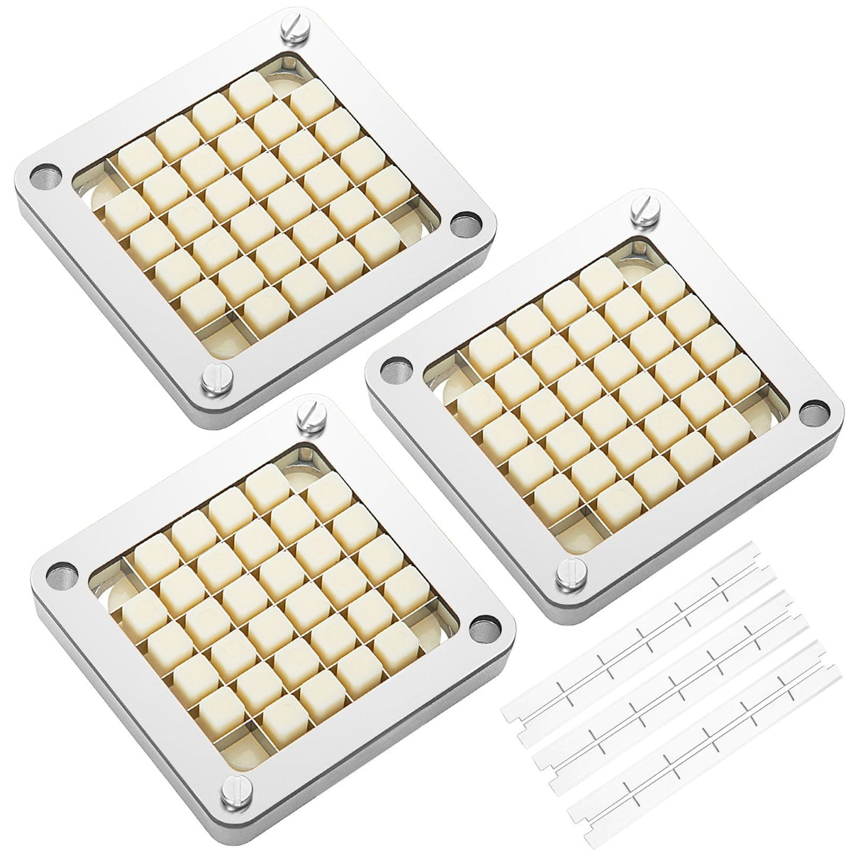Replacement Chopper Blade, 1/2 inch, 3 PCS French Fry Blade Assembly with 6 Extra Knives, Stainless Steel Dicer Parts and Push Block for Cutting Potatoes Carrots Onions Cucumbers Mushrooms