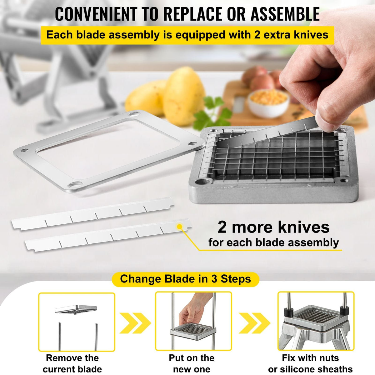 Replacement Chopper Blade, 1/2 inch, 3 PCS French Fry Blade Assembly with 6 Extra Knives, Stainless Steel Dicer Parts and Push Block for Cutting Potatoes Carrots Onions Cucumbers Mushrooms