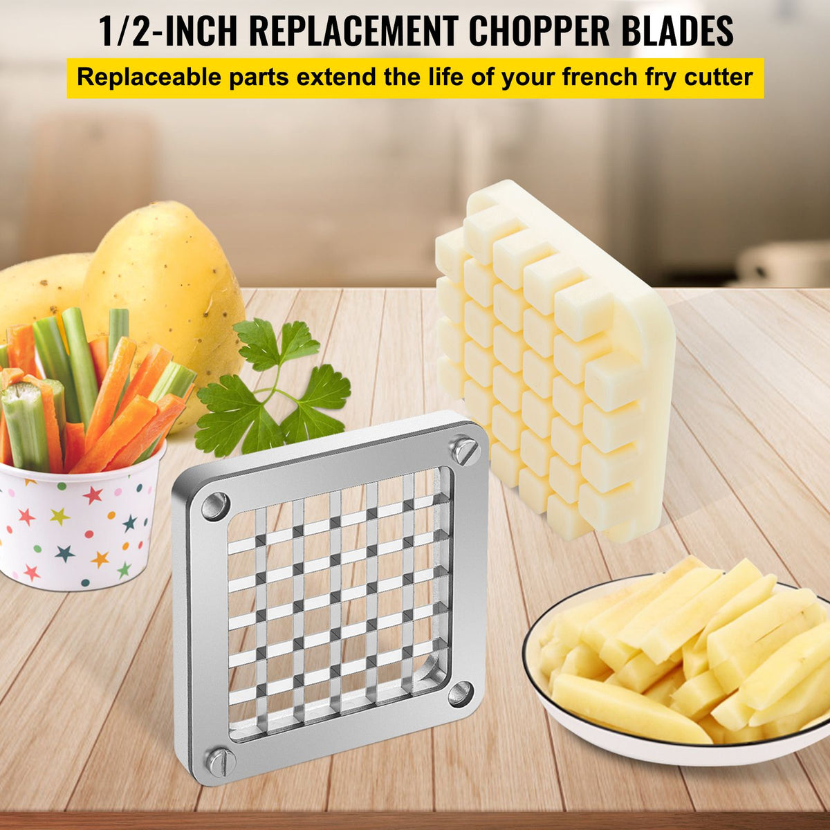 Replacement Chopper Blade, 1/2 inch, 3 PCS French Fry Blade Assembly with 6 Extra Knives, Stainless Steel Dicer Parts and Push Block for Cutting Potatoes Carrots Onions Cucumbers Mushrooms