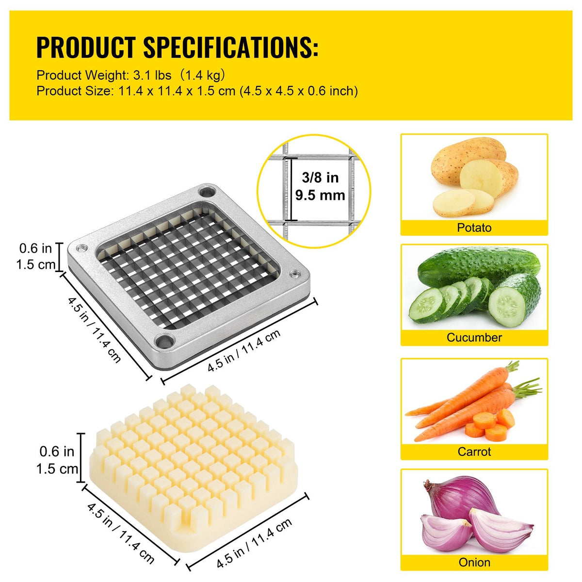 Replacement Chopper Blade, 3/8 inch, 3 PCS French Fry Blade Assembly with 6 Extra Knives, Stainless Steel Dicer Parts and Push Block for Cutting Potatoes Carrots Onions Cucumbers Mushrooms