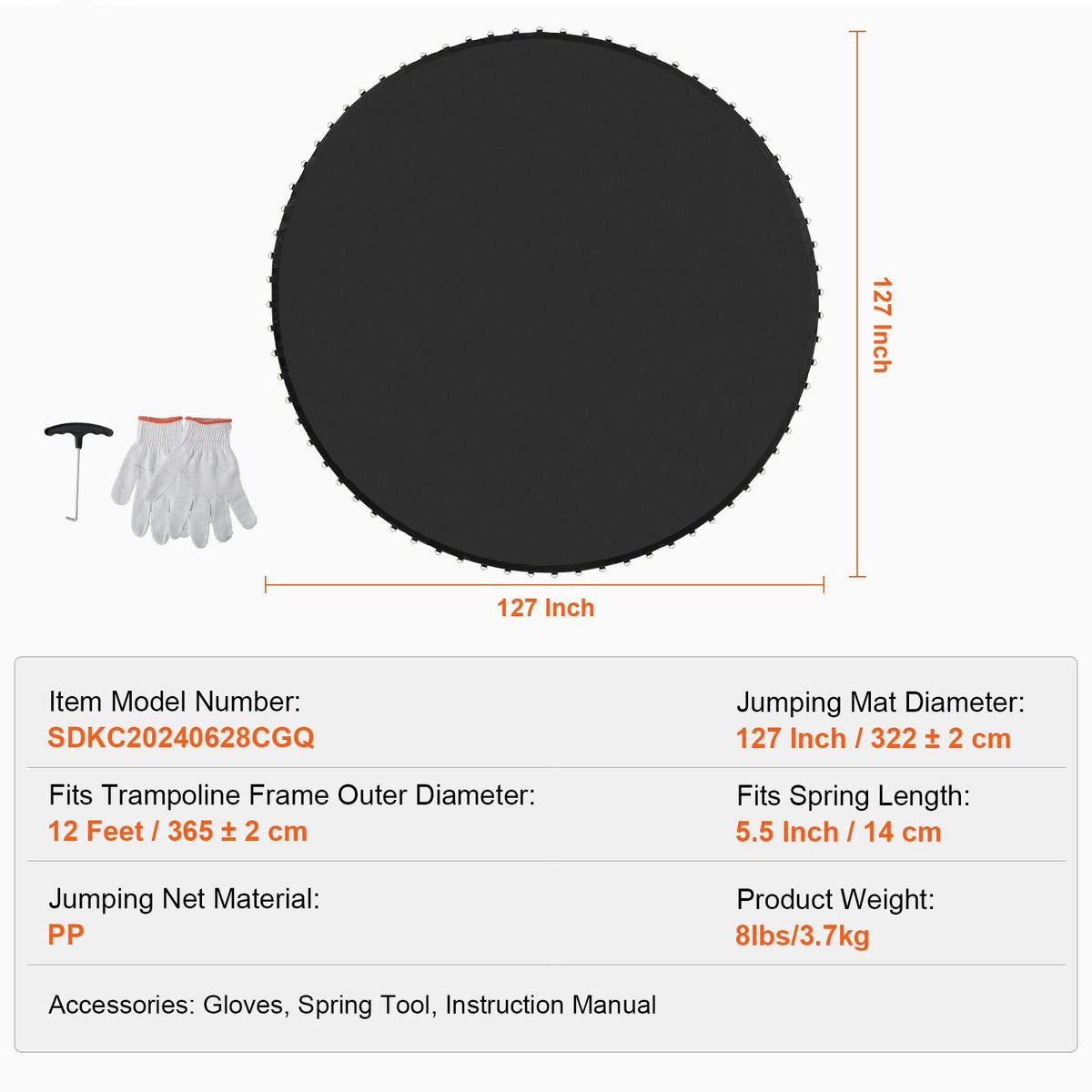 Replacement Trampoline Mat, Jumping Mat Fits 12ft Frame, Universal Jumping Mat for 12ft Round Trampoline, Reinforce UV-Resistant Mat with Spring Tool & Durable V-Rings, Fit 5.5" Spring Length