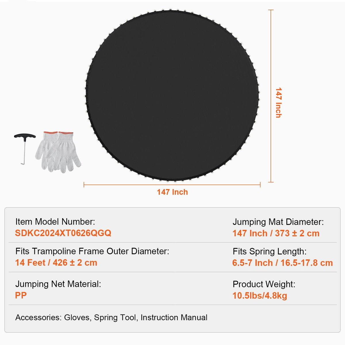 Replacement Trampoline Mat, Jumping Mat Fits 14ft Frame, Universal Jumping Mat for 14ft Round Trampoline, Reinforce UV-Resistant Mat with Spring Tool & Durable V-Rings, Fit 6.5"-7" Spring Length