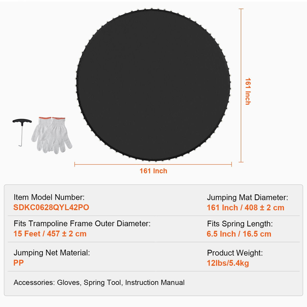 Replacement Trampoline Mat, Jumping Mat Fits 15ft Frame, Universal Jumping Mat for 15ft Round Trampoline, Reinforce UV-Resistant Mat with Spring Tool & Durable V-Rings, Fit 6.5" Spring Length
