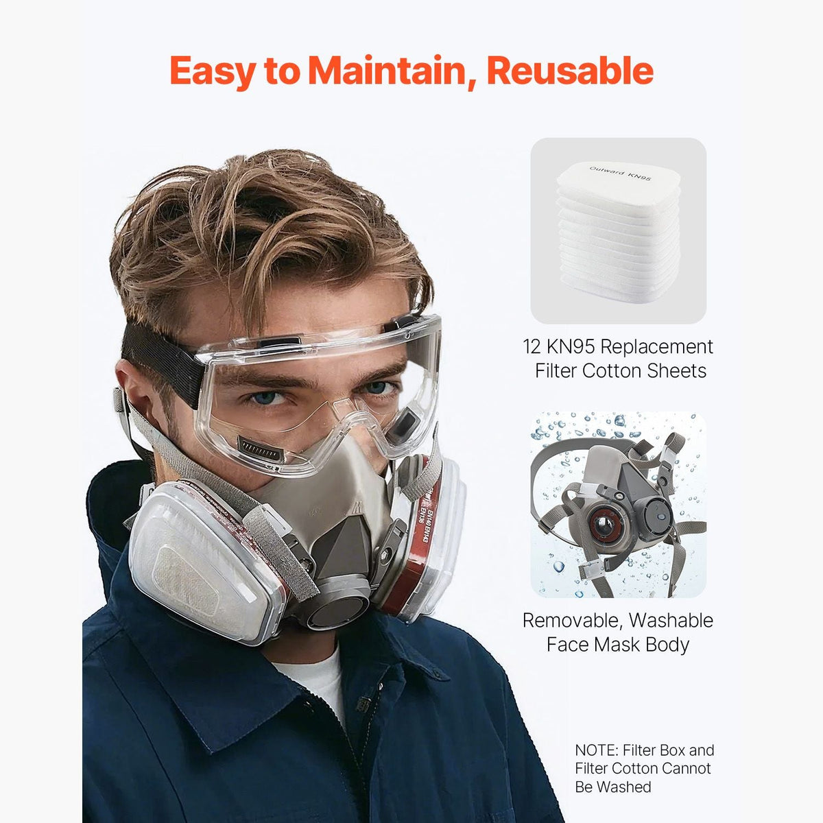 Respirator Mask, Reusable Half Face Cover with Safety Glasses and Filters, Organic Vapor Mask and Dust-proof Face Cover, for Painting, Polishing, Welding, Woodworking and Other Work Protection