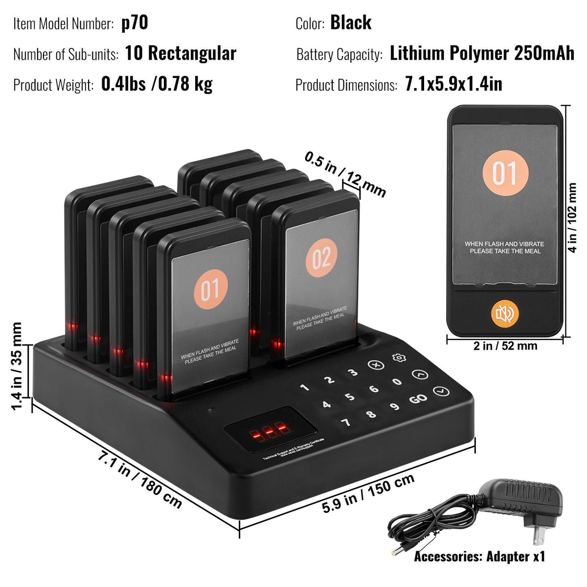 Restaurant Pager System, Wireless 400m Long Range Lineup Waiting Queue Signal, Guest Customer Calling Beepers with Vibration & Flashing, 10 Buzzers for Food Truck, Church, Nursery, Hospital