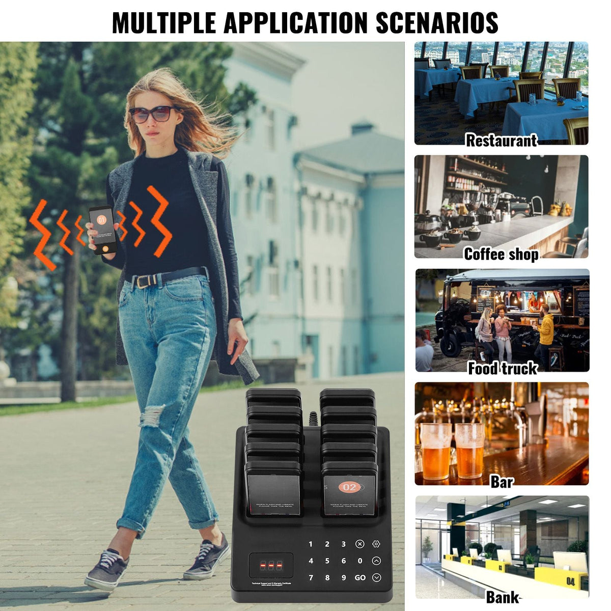 Restaurant Pager System, Wireless 400m Long Range Lineup Waiting Queue Signal, Guest Customer Calling Beepers with Vibration & Flashing, 10 Buzzers for Food Truck, Church, Nursery, Hospital