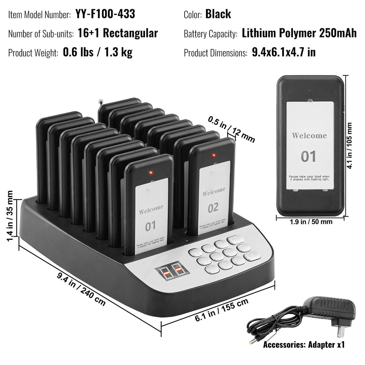Restaurant Pager System, Wireless 500m Long Range Lineup Waiting Queue Signal, Guest Customer Calling Beepers with Vibration & Flashing, 16 Buzzers for Food Truck, Church, Nursery, Hospital