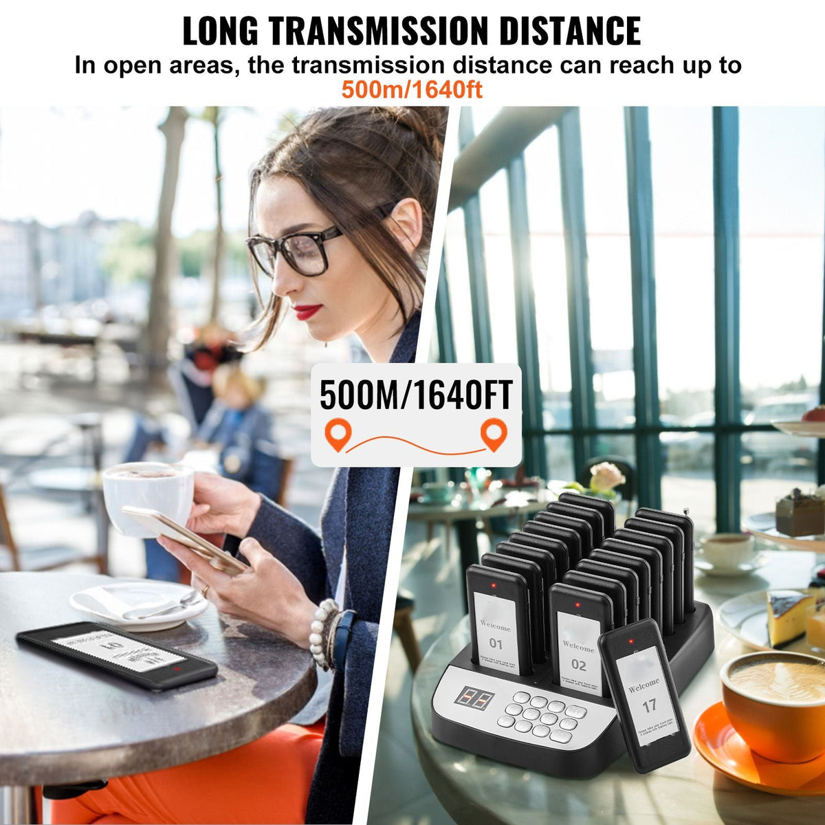 Restaurant Pager System, Wireless 500m Long Range Lineup Waiting Queue Signal, Guest Customer Calling Beepers with Vibration & Flashing, 16 Buzzers for Food Truck, Church, Nursery, Hospital