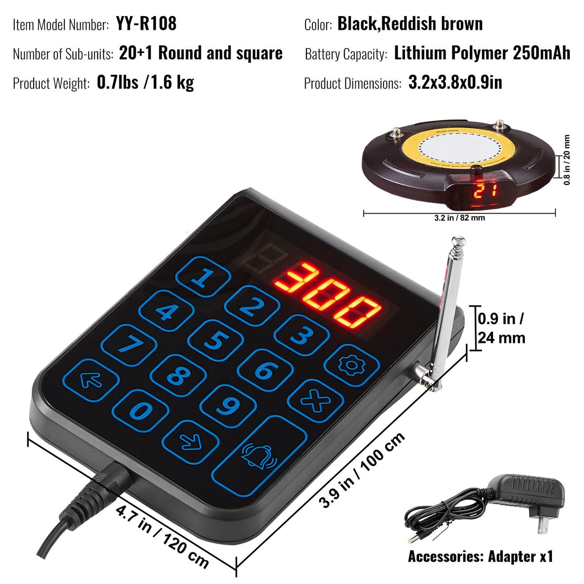 Restaurant Pager System, Wireless 500m Long Range Lineup Waiting Queue Signal, Guest Customer Calling Beepers with Vibration & Flashing, 20 Buzzers for Food Truck, Church, Nursery, Hospital