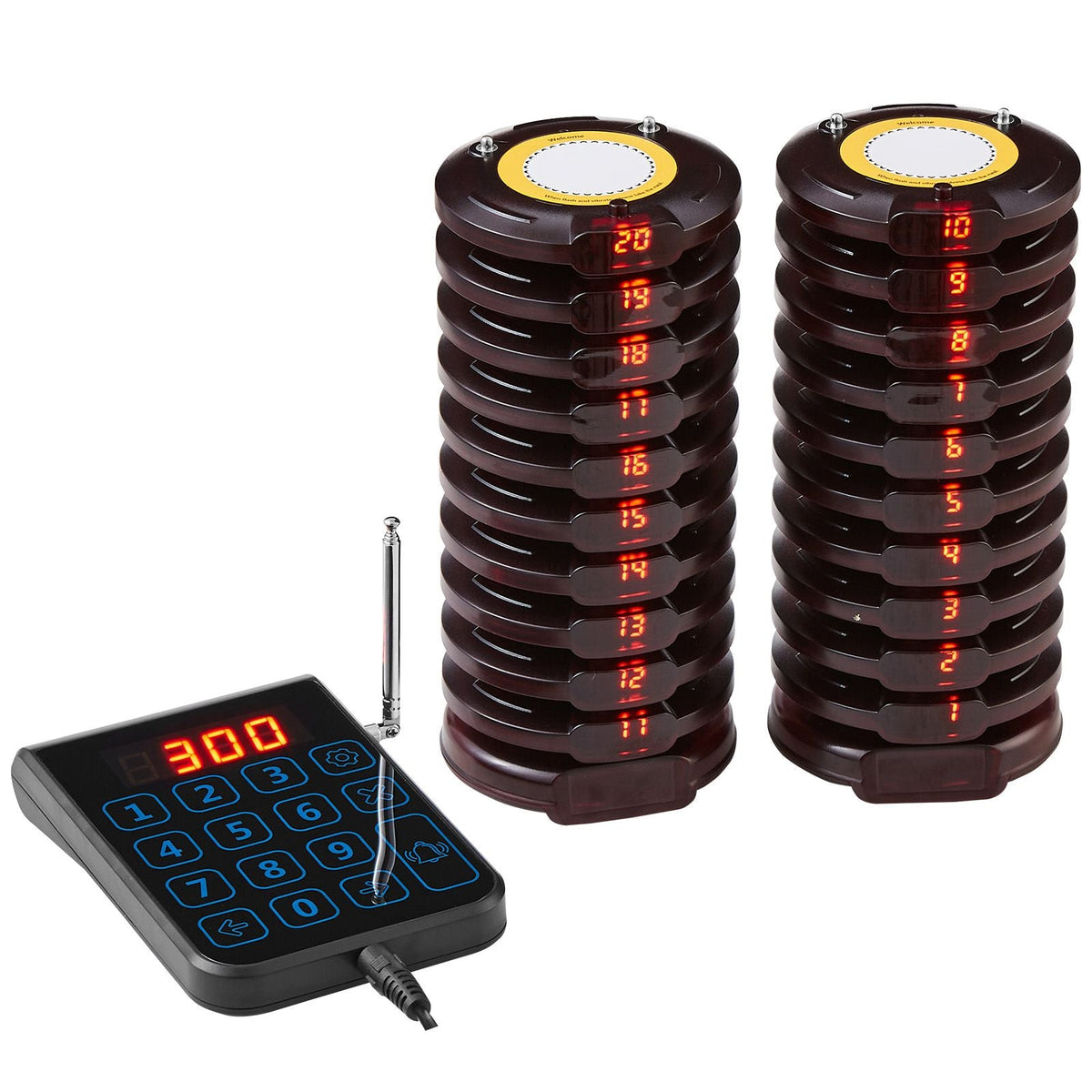 Restaurant Pager System, Wireless 500m Long Range Lineup Waiting Queue Signal, Guest Customer Calling Beepers with Vibration & Flashing, 20 Buzzers for Food Truck, Church, Nursery, Hospital