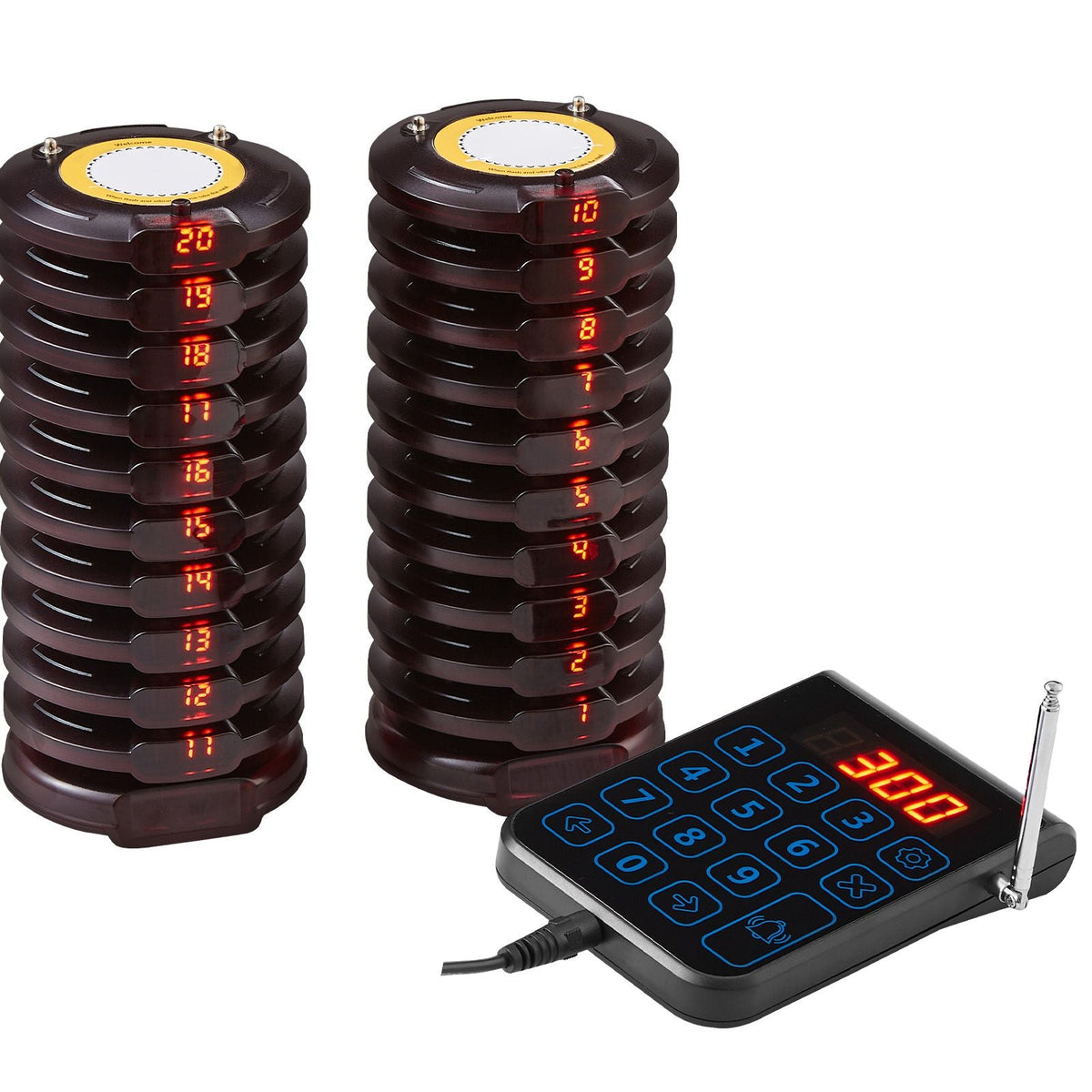 Restaurant Pager System, Wireless 500m Long Range Lineup Waiting Queue Signal, Guest Customer Calling Beepers with Vibration & Flashing, 20 Buzzers for Food Truck, Church, Nursery, Hospital