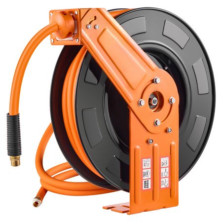 Retractable Air Hose Reel, 1/2 IN x 50 FT Hybrid Air Hose Max 300PSI, Air Compressor Hose Reel Auto-Rewind with 5FT Lead in, Ceiling/Wall Mount Heavy Duty Single Arm Steel Reel, 1/2" NPT Fitting
