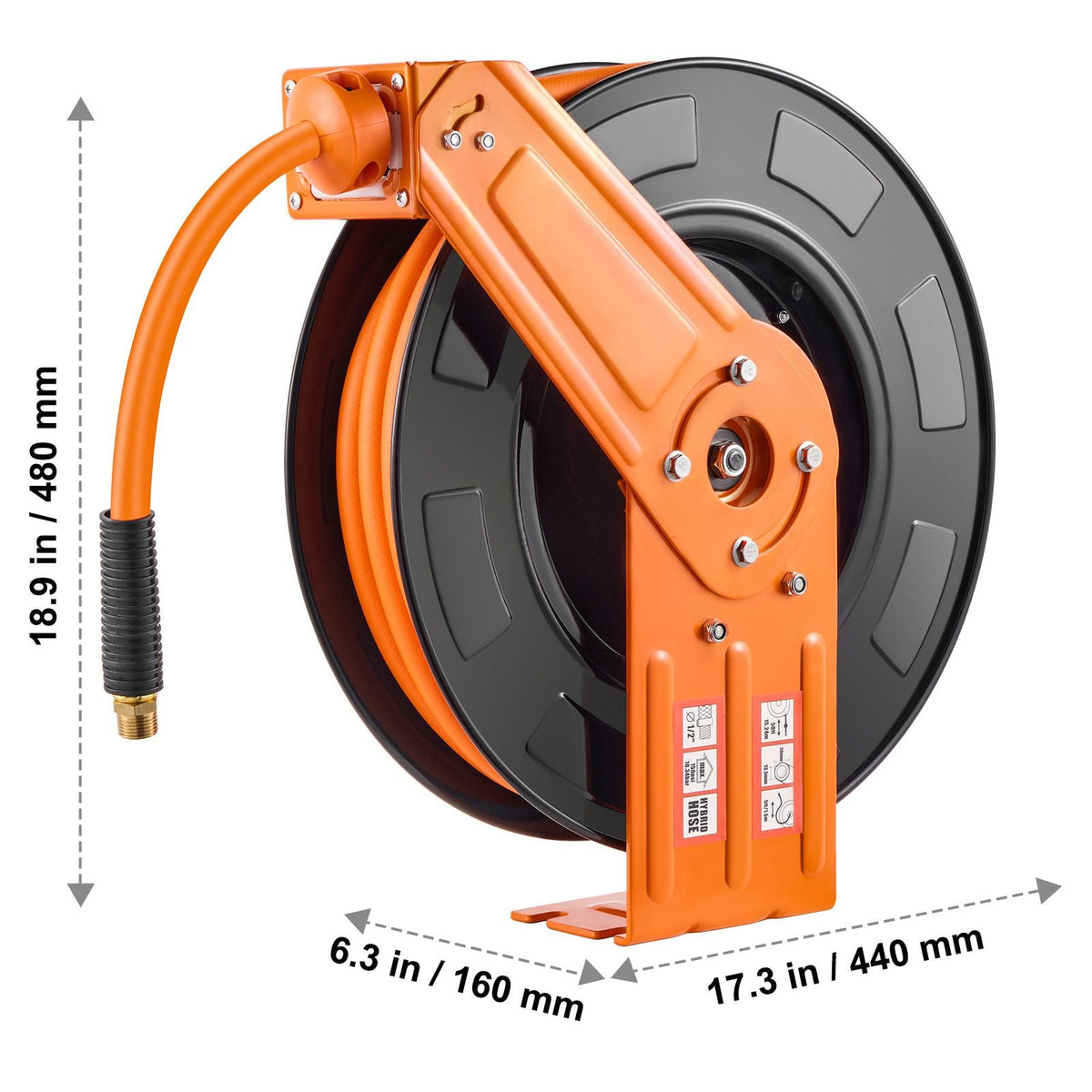 Retractable Air Hose Reel, 1/2 IN x 50 FT Hybrid Air Hose Max 300PSI, Air Compressor Hose Reel Auto-Rewind with 5FT Lead in, Ceiling/Wall Mount Heavy Duty Single Arm Steel Reel, 1/2" NPT Fitting