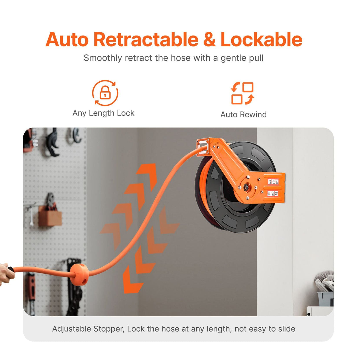 Retractable Air Hose Reel, 1/2 IN x 50 FT Hybrid Air Hose Max 300PSI, Air Compressor Hose Reel Auto-Rewind with 5FT Lead in, Ceiling/Wall Mount Heavy Duty Single Arm Steel Reel, 1/2" NPT Fitting