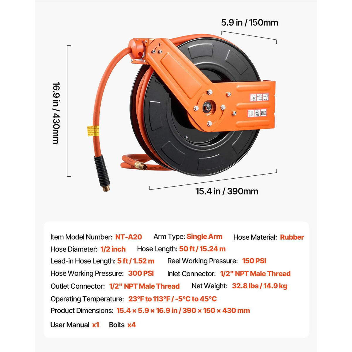 Retractable Air Hose Reel, 1/2 Inch x 50 FT Rubber Air Hose Max 300PSI, Auto Rewind Air-Compressor Hoses Reel with 5 ft Lead in, Ceiling/Wall Mount for Garage Workshops