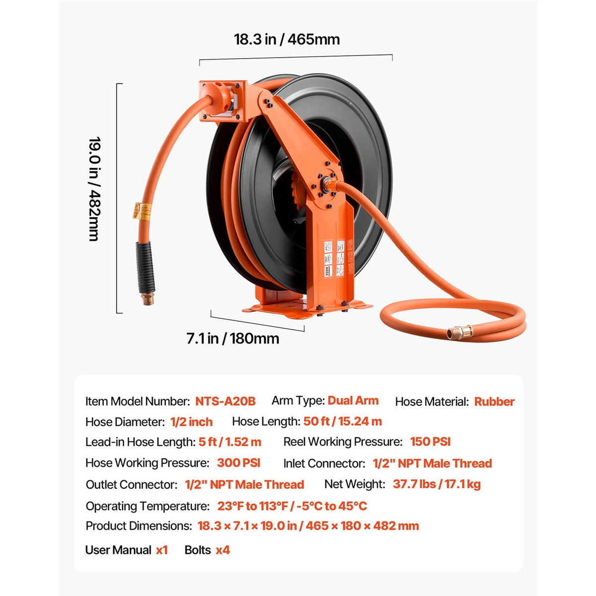 Retractable Air Hose Reel, 1/2 Inch x 50 FT Rubber Air Hose Max 300PSI, Auto Rewind Air-Compressor Hoses Reel with 5 ft Lead in, Ceiling/Wall Mount Heavy Duty Steel Double Arm