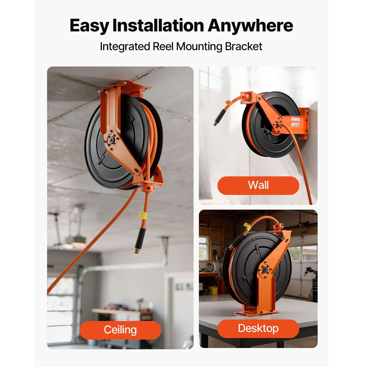 Retractable Air Hose Reel, 1/2 Inch x 50 FT Rubber Air Hose Max 300PSI, Auto Rewind Air-Compressor Hoses Reel with 5 ft Lead in, Ceiling/Wall Mount Heavy Duty Steel Double Arm