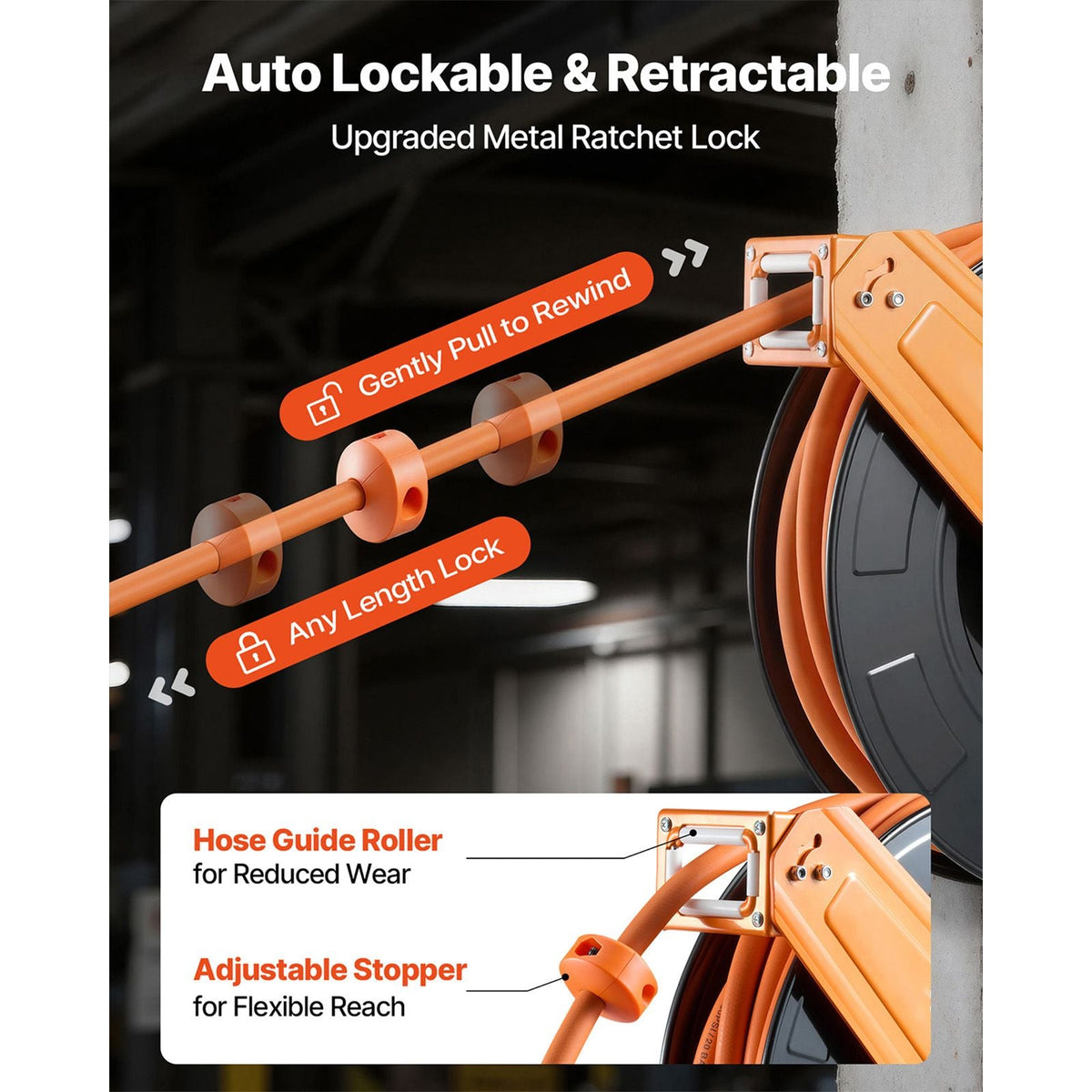 Retractable Air Hose Reel, 1/2 Inch x 65 FT Rubber Air Hose Max 300PSI, Auto Rewind Air-Compressor Hoses Reel with 5 ft Lead in, Ceiling/Wall Mount for Garage Workshops