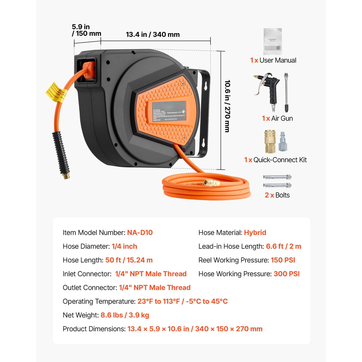 Retractable Air Hose Reel, 1/4 Inch x 50 FT Hybrid Air Hose Max 300PSI, Enclosed Air-Compressor Hoses Reel Auto Rewind with 6.6 ft Lead in & Blow Gun, 180° Swivel Ceiling/Wall Mount