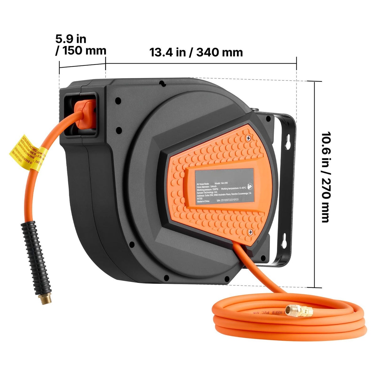 Retractable Air Hose Reel, 1/4 Inch x 50 FT Hybrid Air Hose Max 300PSI, Enclosed Air-Compressor Hoses Reel Auto Rewind with 6.6 ft Lead in & Blow Gun, 180° Swivel Ceiling/Wall Mount