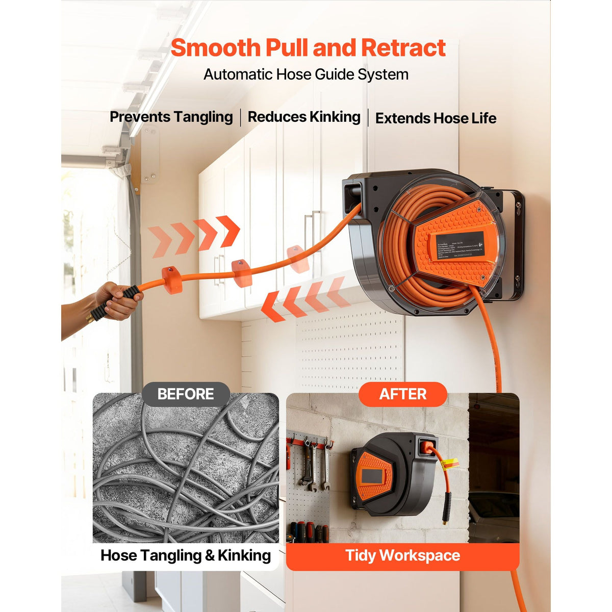 Retractable Air Hose Reel, 1/4 Inch x 50 FT Hybrid Air Hose Max 300PSI, Enclosed Air-Compressor Hoses Reel Auto Rewind with 6.6 ft Lead in & Blow Gun, 180° Swivel Ceiling/Wall Mount