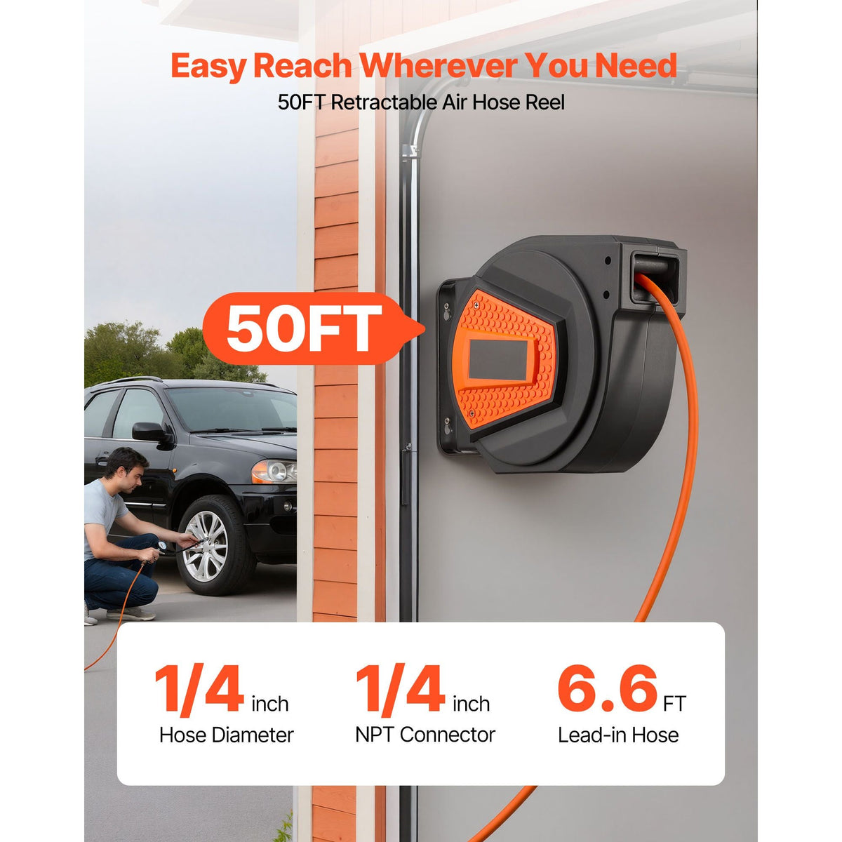 Retractable Air Hose Reel, 1/4 Inch x 50 FT Hybrid Air Hose Max 300PSI, Enclosed Air-Compressor Hoses Reel Auto Rewind with 6.6 ft Lead in & Blow Gun, 180° Swivel Ceiling/Wall Mount