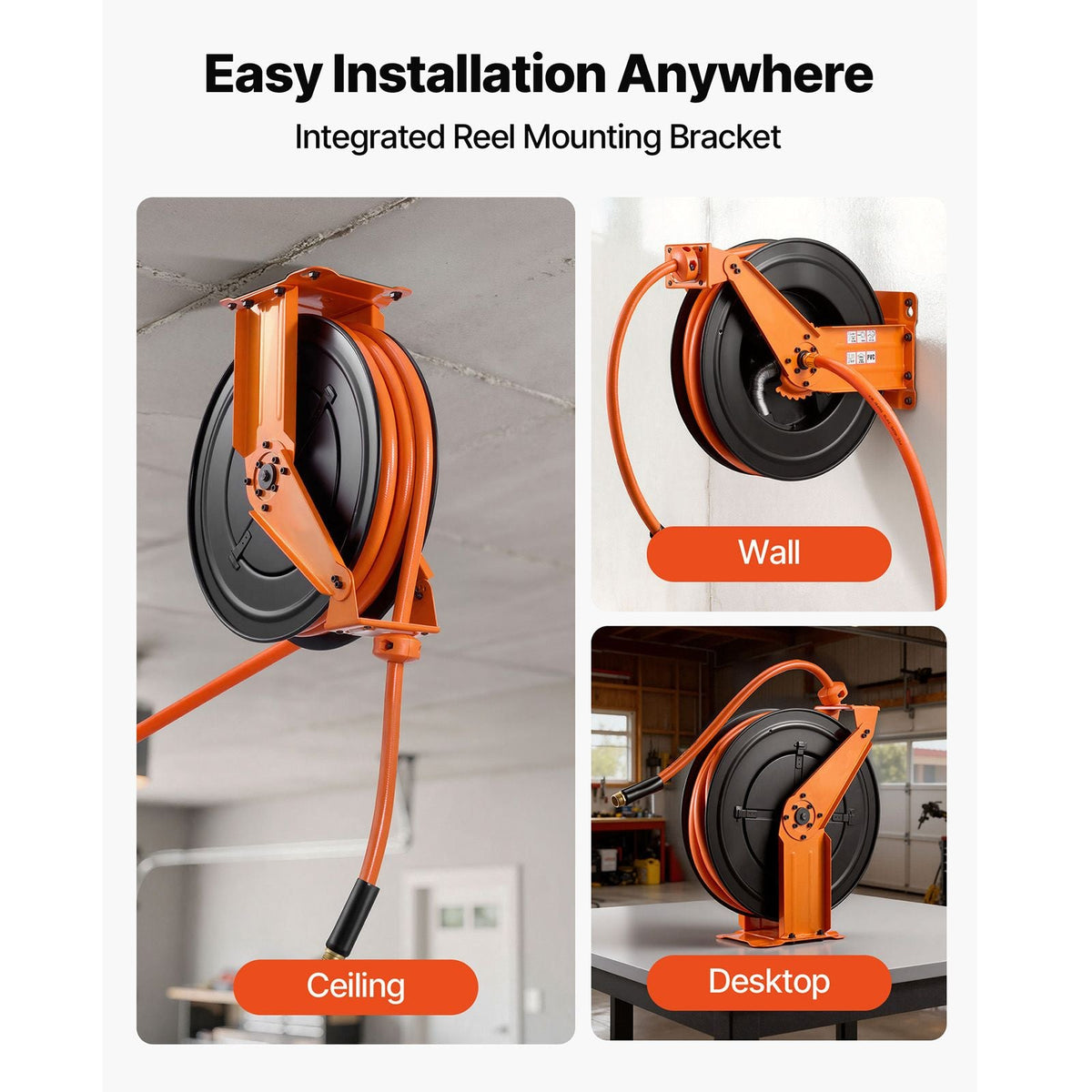 Retractable Air Hose Reel, 3/4 Inch x 50 FT PVC Air Hose Max 300PSI, Auto Rewind Air-Compressor Hoses Reel with 5 ft Lead in, Ceiling/Wall Mount Heavy Duty Steel Double Arm