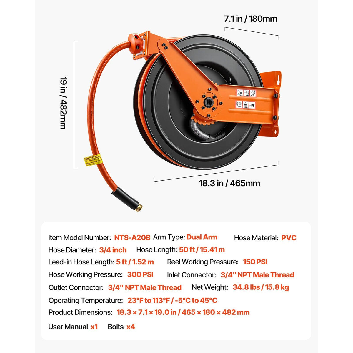 Retractable Air Hose Reel, 3/4 Inch x 50 FT PVC Air Hose Max 300PSI, Auto Rewind Air-Compressor Hoses Reel with 5 ft Lead in, Ceiling/Wall Mount Heavy Duty Steel Double Arm
