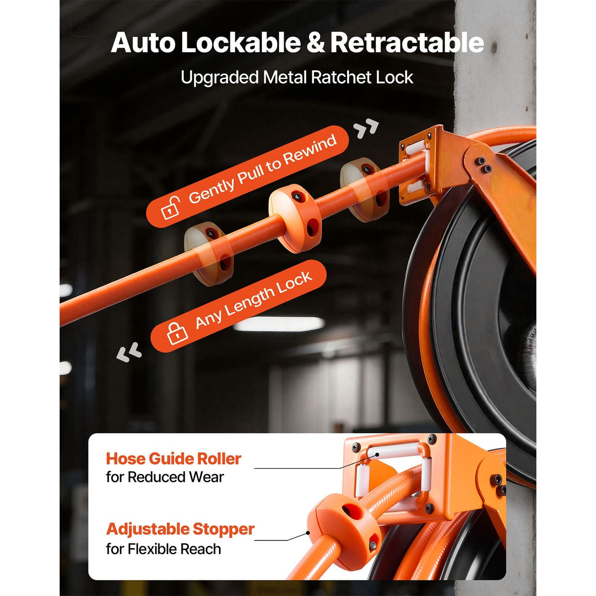 Retractable Air Hose Reel, 3/4 Inch x 50 FT PVC Air Hose Max 300PSI, Auto Rewind Air-Compressor Hoses Reel with 5 ft Lead in, Ceiling/Wall Mount Heavy Duty Steel Double Arm