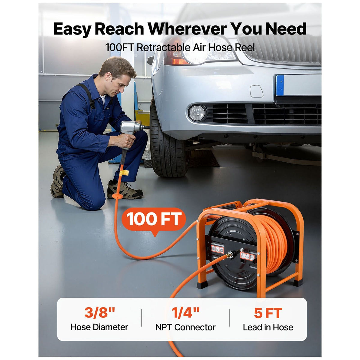 Retractable Air Hose Reel, 3/8 Inch x 100 FT PVC Air Hose Max 300PSI, Auto Rewind Air-Compressor Hoses Reel with 5 ft Lead in, Portable Freestanding Heavy Duty Steel Reel for Garages Workshops