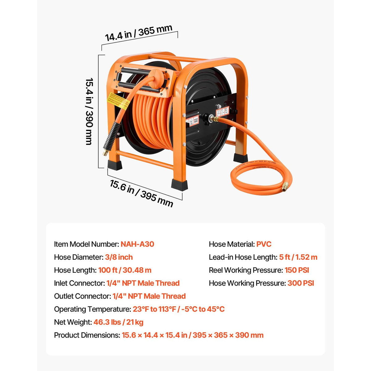 Retractable Air Hose Reel, 3/8 Inch x 100 FT PVC Air Hose Max 300PSI, Auto Rewind Air-Compressor Hoses Reel with 5 ft Lead in, Portable Freestanding Heavy Duty Steel Reel for Garages Workshops