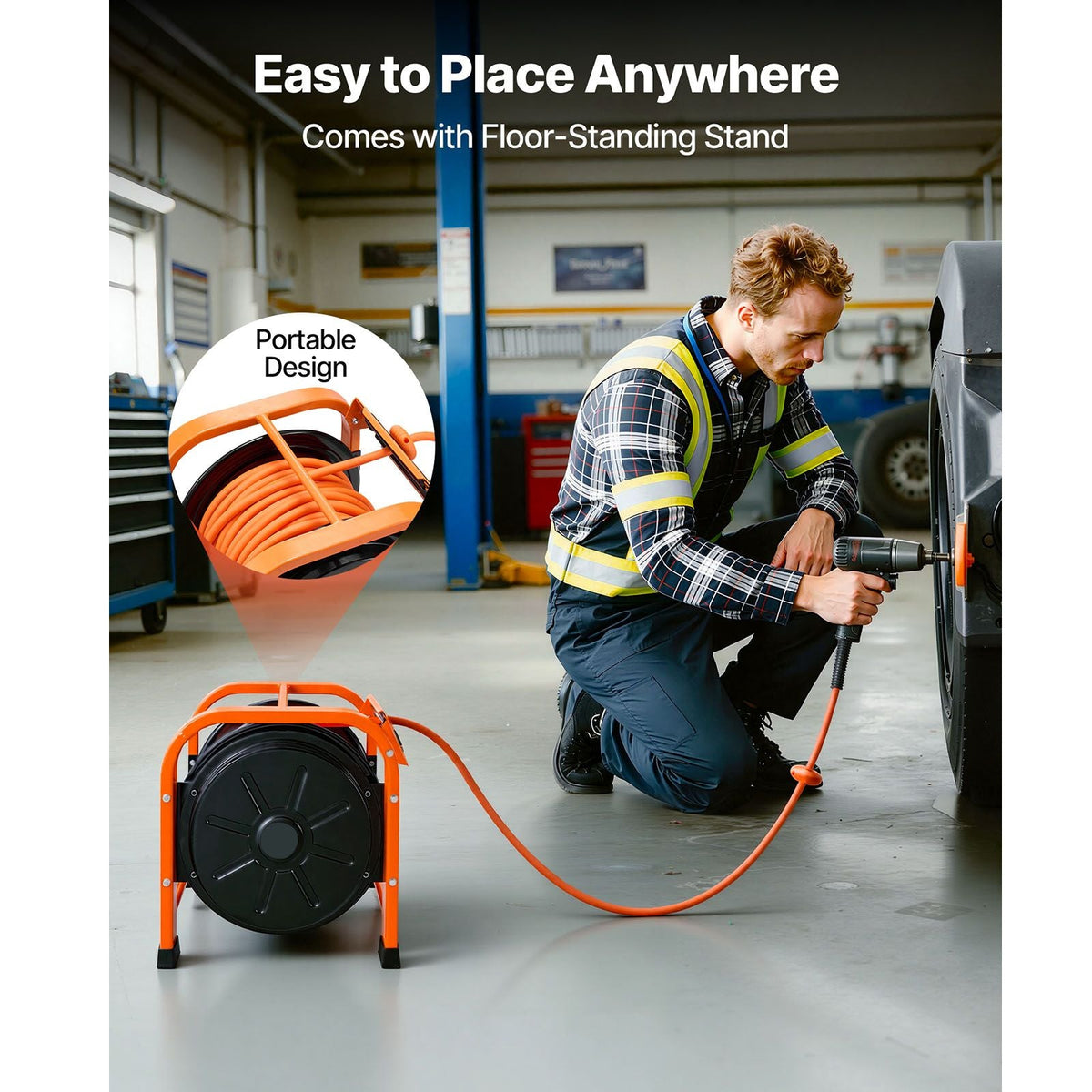 Retractable Air Hose Reel, 3/8 Inch x 100 FT PVC Air Hose Max 300PSI, Auto Rewind Air-Compressor Hoses Reel with 5 ft Lead in, Portable Freestanding Heavy Duty Steel Reel for Garages Workshops