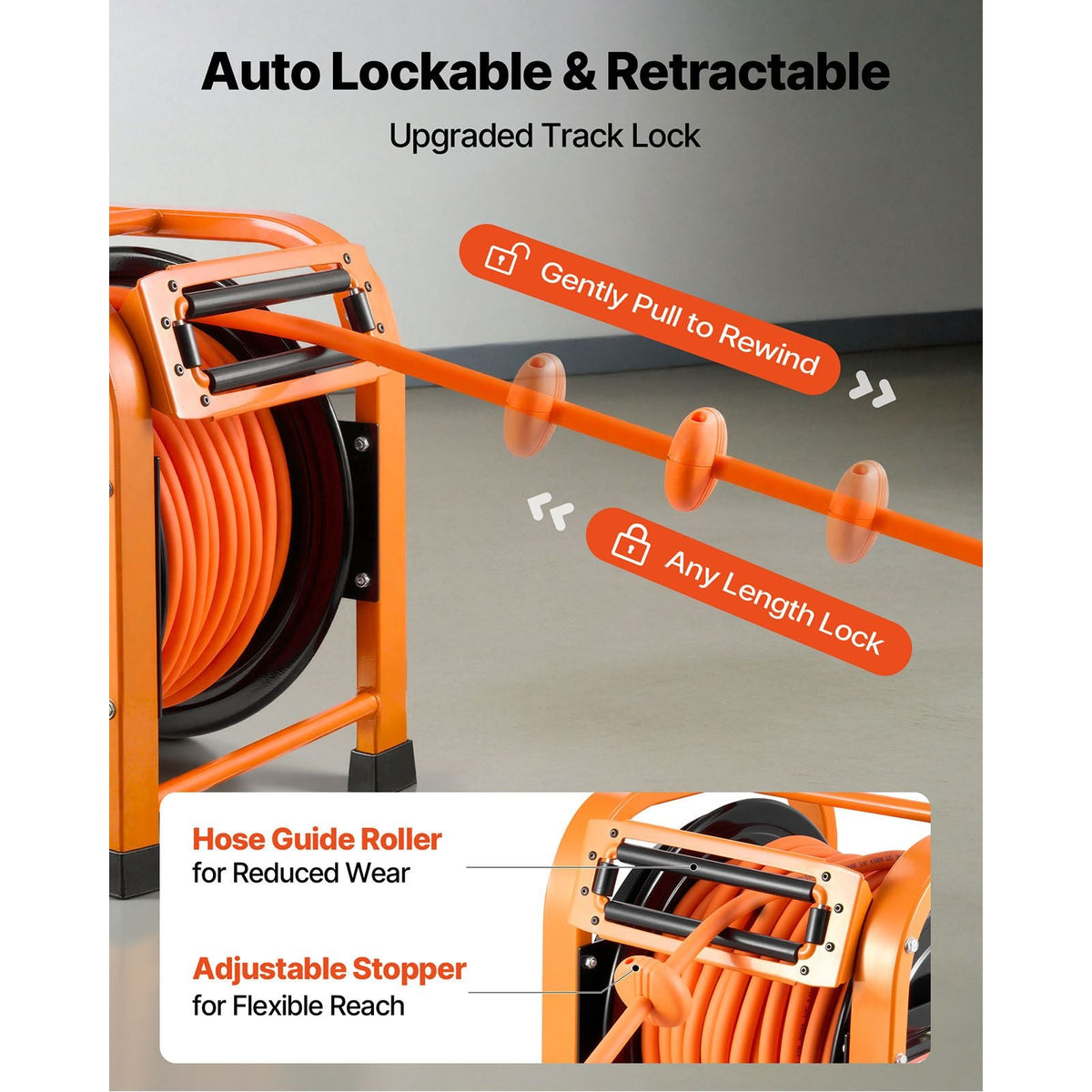 Retractable Air Hose Reel, 3/8 Inch x 100 FT PVC Air Hose Max 300PSI, Auto Rewind Air-Compressor Hoses Reel with 5 ft Lead in, Portable Freestanding Heavy Duty Steel Reel for Garages Workshops