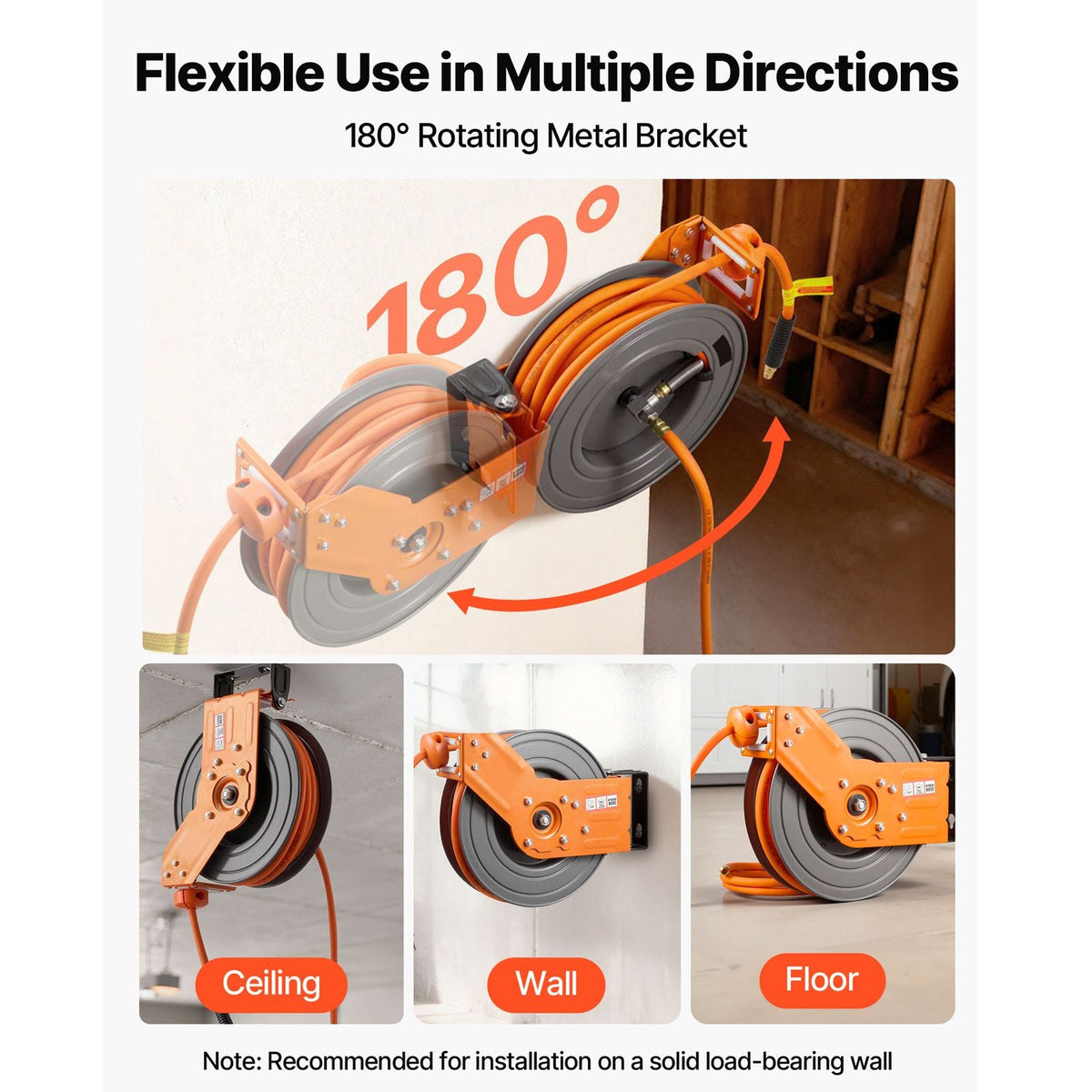 Retractable Air Hose Reel, 3/8 Inch x 50 FT Hybrid Air Hose Max 300PSI, Auto Rewind Air-Compressor Hoses Reel with 5 ft Lead in, 180° Swivel Ceiling/Wall Mount for Garage Workshops