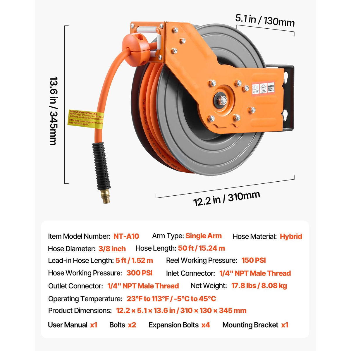Retractable Air Hose Reel, 3/8 Inch x 50 FT Hybrid Air Hose Max 300PSI, Auto Rewind Air-Compressor Hoses Reel with 5 ft Lead in, 180° Swivel Ceiling/Wall Mount for Garage Workshops