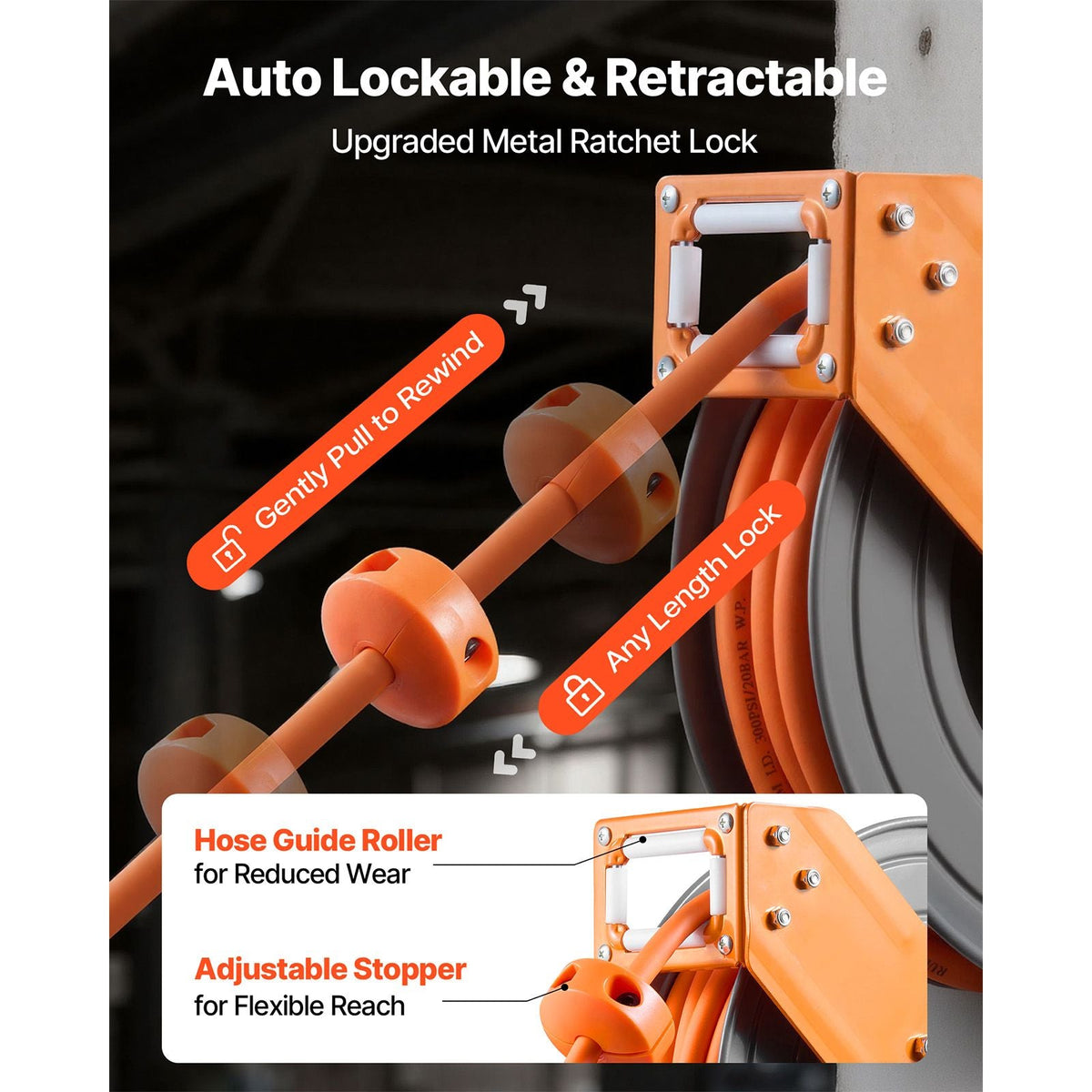Retractable Air Hose Reel, 3/8 Inch x 50 FT Hybrid Air Hose Max 300PSI, Auto Rewind Air-Compressor Hoses Reel with 5 ft Lead in, 180° Swivel Ceiling/Wall Mount for Garage Workshops