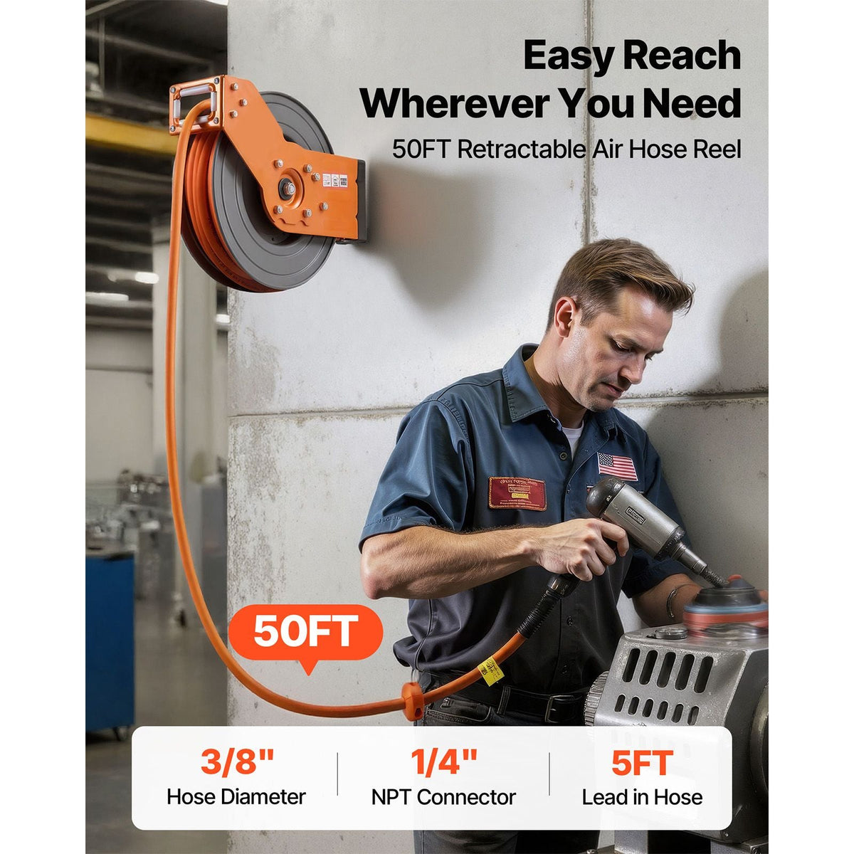 Retractable Air Hose Reel, 3/8 Inch x 50 FT Hybrid Air Hose Max 300PSI, Auto Rewind Air-Compressor Hoses Reel with 5 ft Lead in, 180° Swivel Ceiling/Wall Mount for Garage Workshops