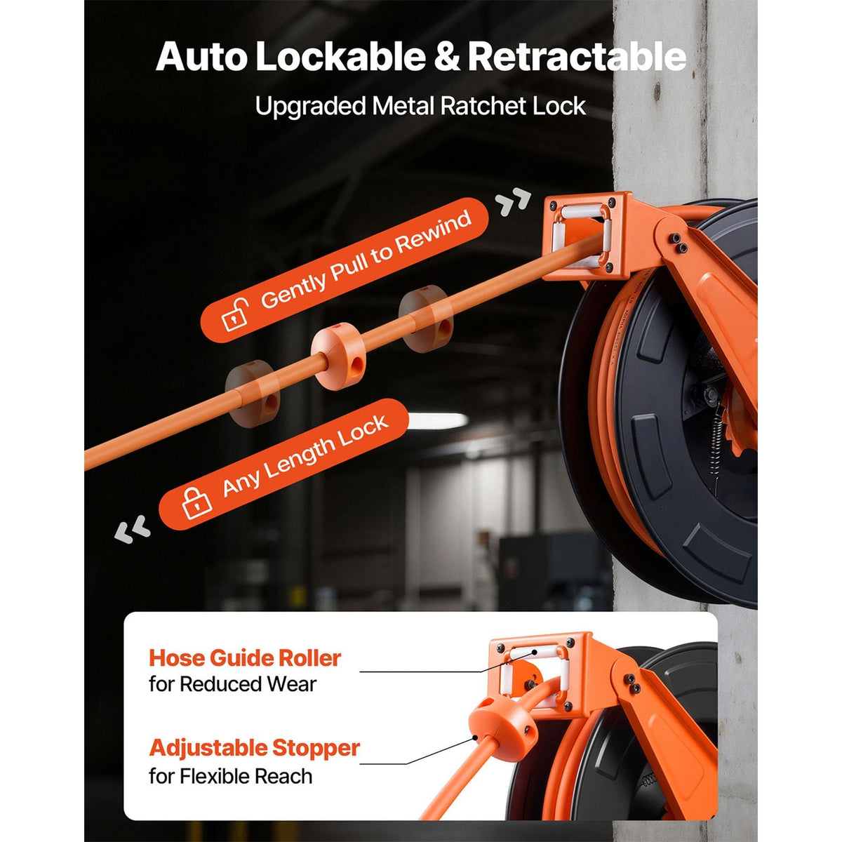 Retractable Air Hose Reel, 3/8 Inch x 50 FT Rubber Air Hose Max 300PSI, Auto Rewind Air-Compressor Hoses Reel with 5 ft Lead in, Ceiling/Wall Mount Heavy Duty Steel Double Arm
