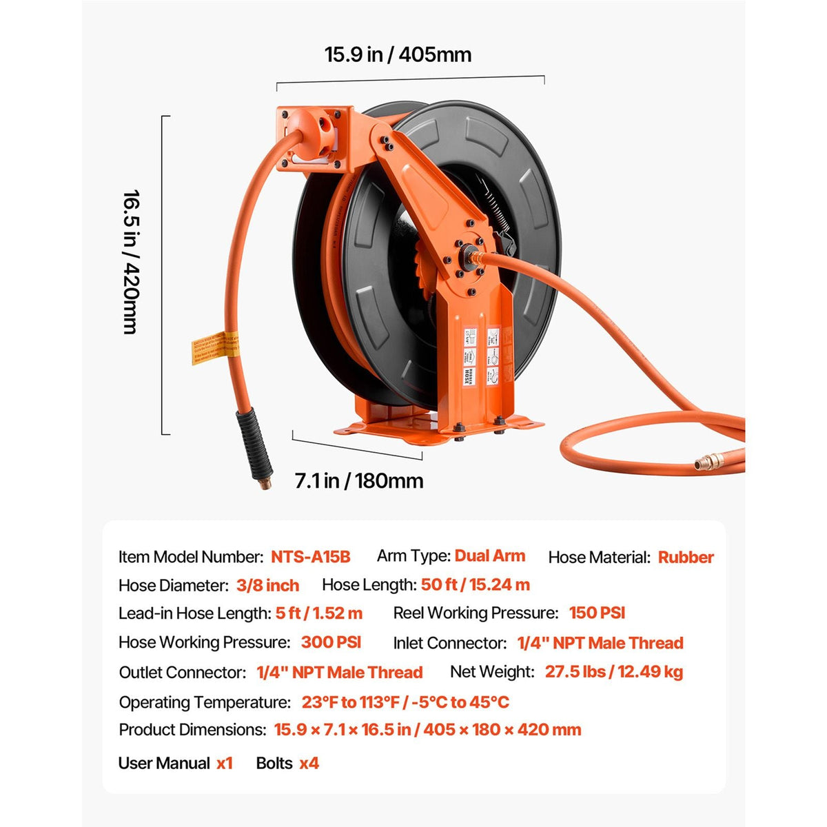 Retractable Air Hose Reel, 3/8 Inch x 50 FT Rubber Air Hose Max 300PSI, Auto Rewind Air-Compressor Hoses Reel with 5 ft Lead in, Ceiling/Wall Mount Heavy Duty Steel Double Arm